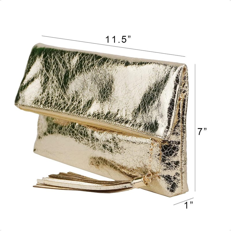 JNB Women's Cracked Metallic Fabric Foldover Clutch with Tassel - Image 3